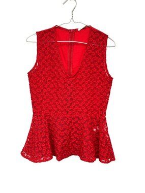 MAJE Floral Lace Peplum V Neck Sleeveless Red Sheer Top‎ Size 2